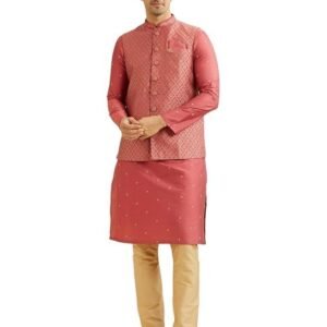Manyavar Men's Art Silk Embroidered Kurta Jacket Pyjama Set