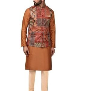KISAH Mens Kurta Jacket Trouser Set, Long Sleeves Printed Mandarin Silk Blend Collar, Multi Ethnic Wear Set for Men