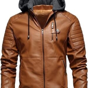 Pomo-Z Men’s Casual Stylish Premium PU Leather Zip-Up Motorcycle Bomber Jacket With a Removable Hood