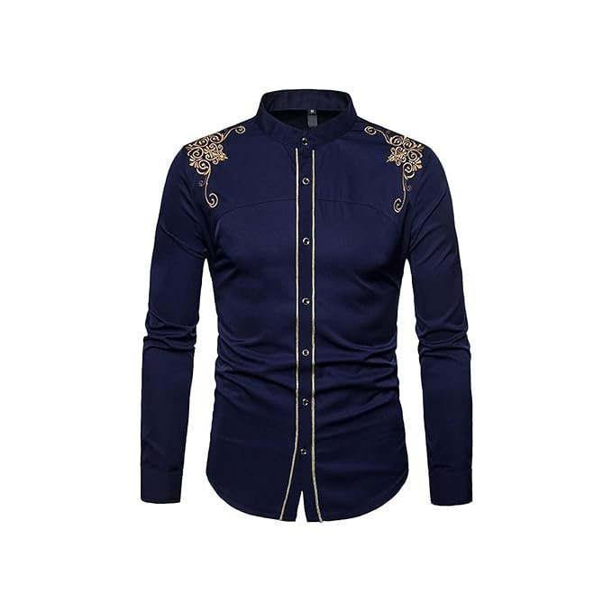 ZAFONI Men Shirts, Spring Style Solid Floral Embroidered Solid Dress Shirts Slim Fit Casual Long Sleeve Shirt