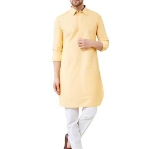 See Designs Men Cotton Solid Spread Collar Curved Hem Side Slit Full Sleeve Pathani Kurta with Pyjama