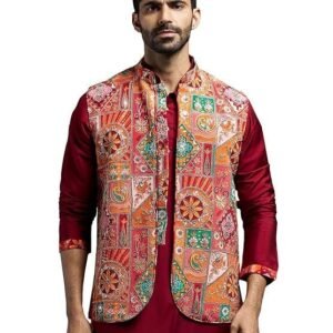 VASTRAMAY Men's Nehru Jacket | Allover Printed Embroidered Sequiend Nehru Jacket for Men | Perfect for Navratri