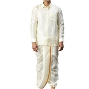 RAMRAJ COTTON traditional silk shirt full sleeve shirt and jari border dhoti for men