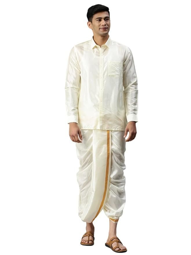 RAMRAJ COTTON traditional silk shirt full sleeve shirt and jari border dhoti for men