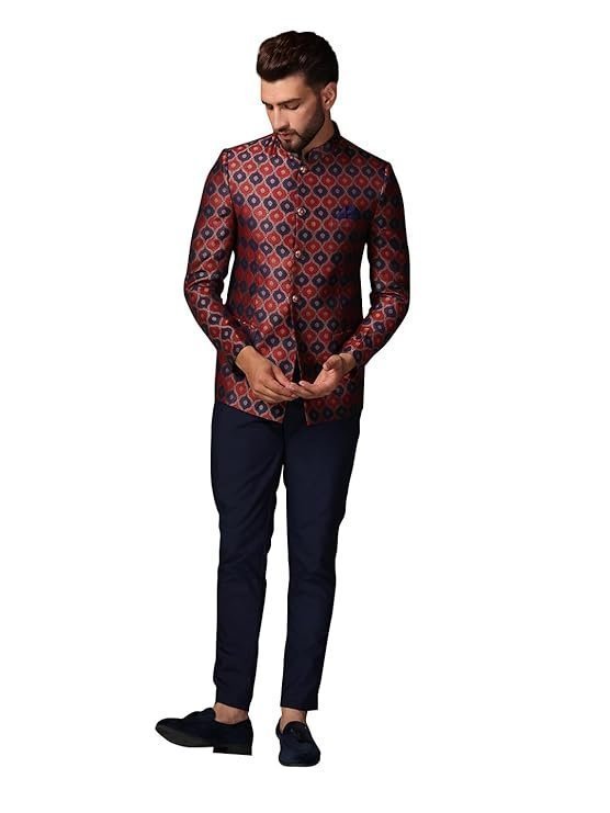 KISAH Mens Jodhpuri Bandhgala Trouser Set Silk Blend Jacquard, Ethnic Wear for Men, Maroon