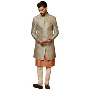KISAH Men's Grey and Orange Indo-Western Kurta Sherwani Churidar Set Cotton Full Sleaves, Knee Length, Straight, Regular Fit, Mandarin Collar Ethnic Wear