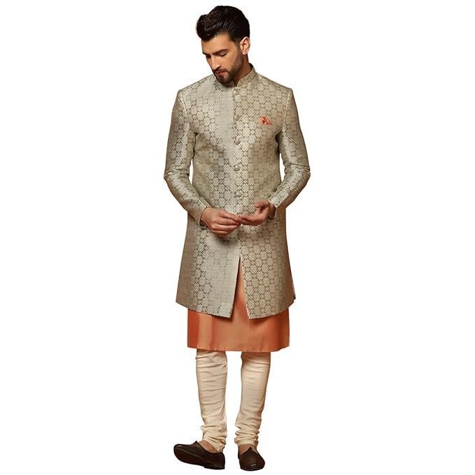 KISAH Men's Grey and Orange Indo-Western Kurta Sherwani Churidar Set Cotton Full Sleaves, Knee Length, Straight, Regular Fit, Mandarin Collar Ethnic Wear