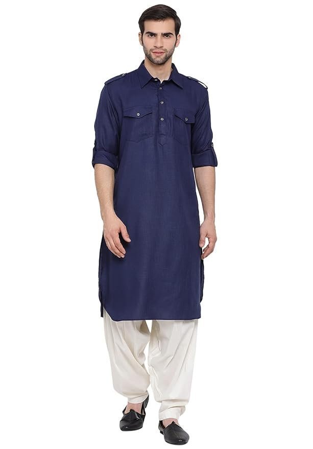 VASTRAMAY Men's Cotton Blend Pathani Kurta Set || Stylish Pathani Style Kurta with Roll Up Sleeves and Relaxed Fit Patiala Salwar