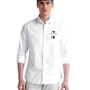U.S. POLO ASSN. Mens White Solid Collared Neck Long Sleeve Men's Casual Shirts